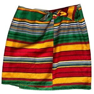 Vintage Eddie Bauer Wrap Mini Skirt Linen Red Orange Green Stripe Size 4 Western